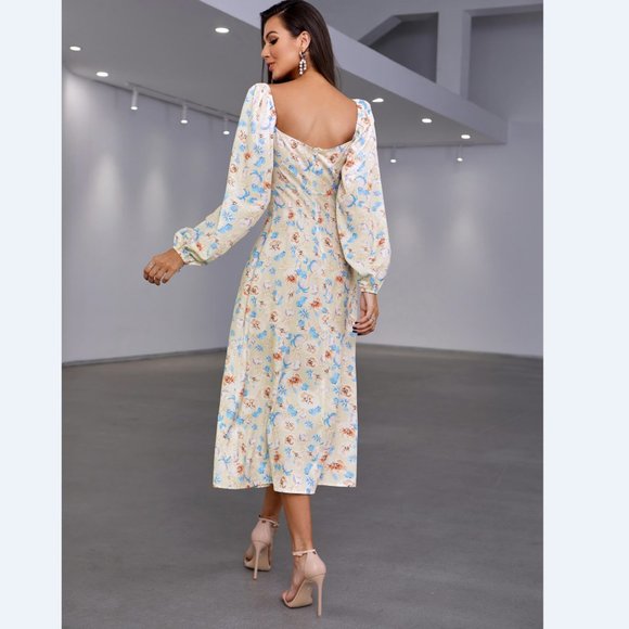 Floral Tie Front Square Neck Split Midi Dress - Picture 2 of 5